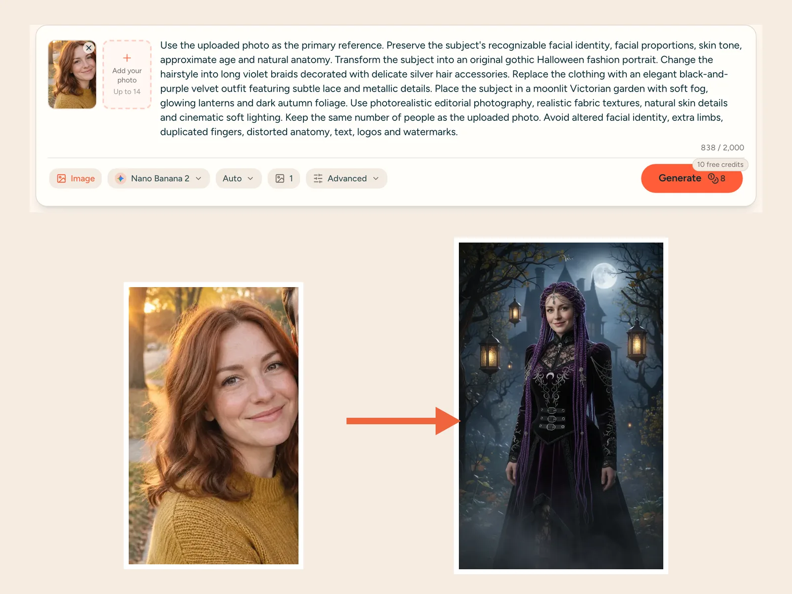 Monipix generator with a selfie uploaded and the Midnight Braids prompt loaded, next to the finished gothic costume picture