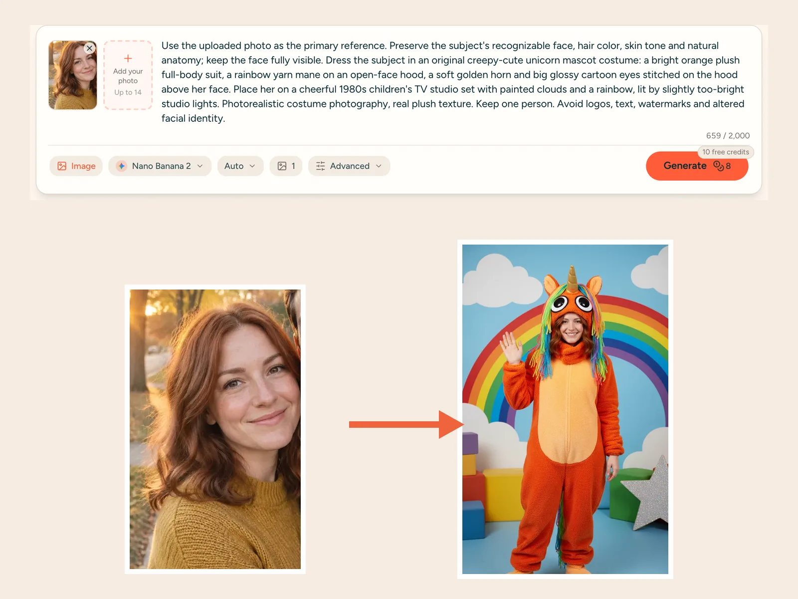 Monipix generator with a selfie uploaded and the Rainbow Studio Mascot prompt loaded, next to the finished orange unicorn mascot picture