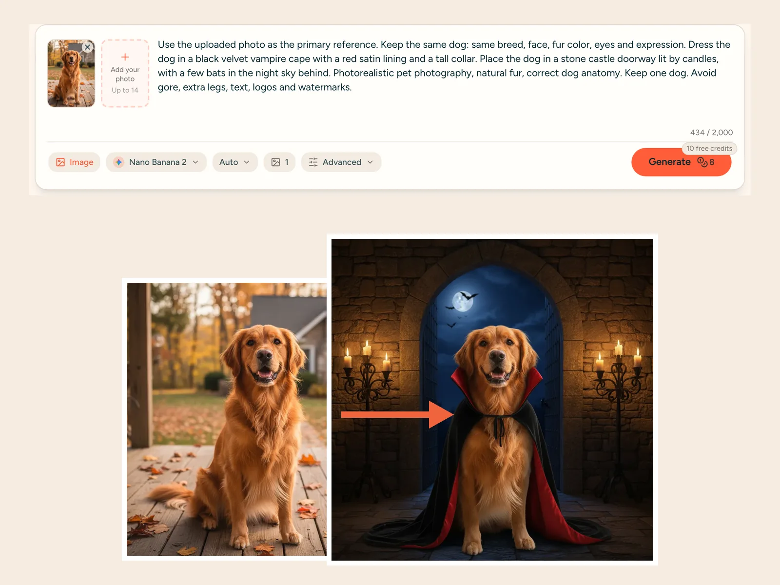 Monipix generator with a golden retriever photo uploaded and the Tiny Vampire prompt loaded, next to the finished dog in a vampire cape