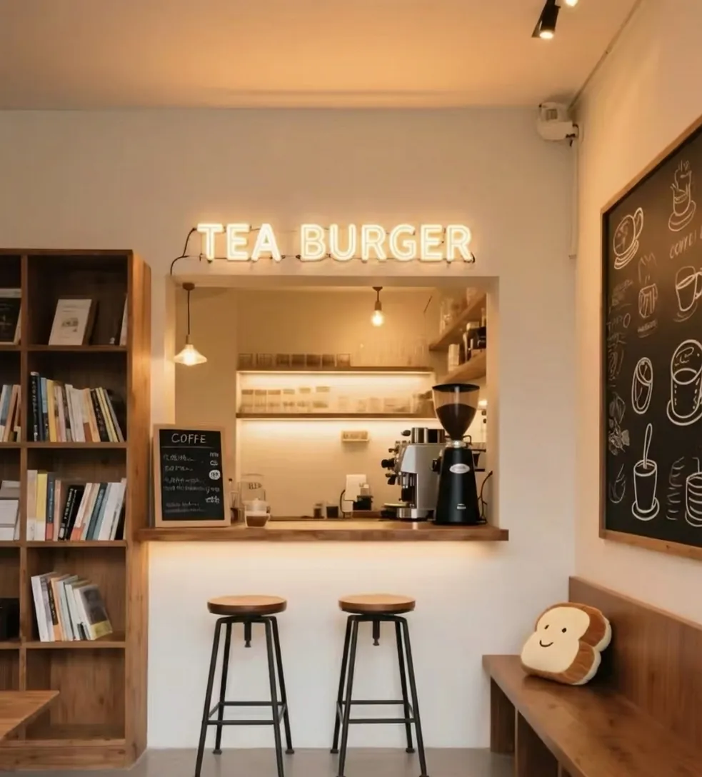 落ち着いたカフェのカウンターにある暖色のネオンサイン。左は TEA COFFEE、右は TEA BURGER で、本棚やスツール、黒板は変わっていません (編集後)