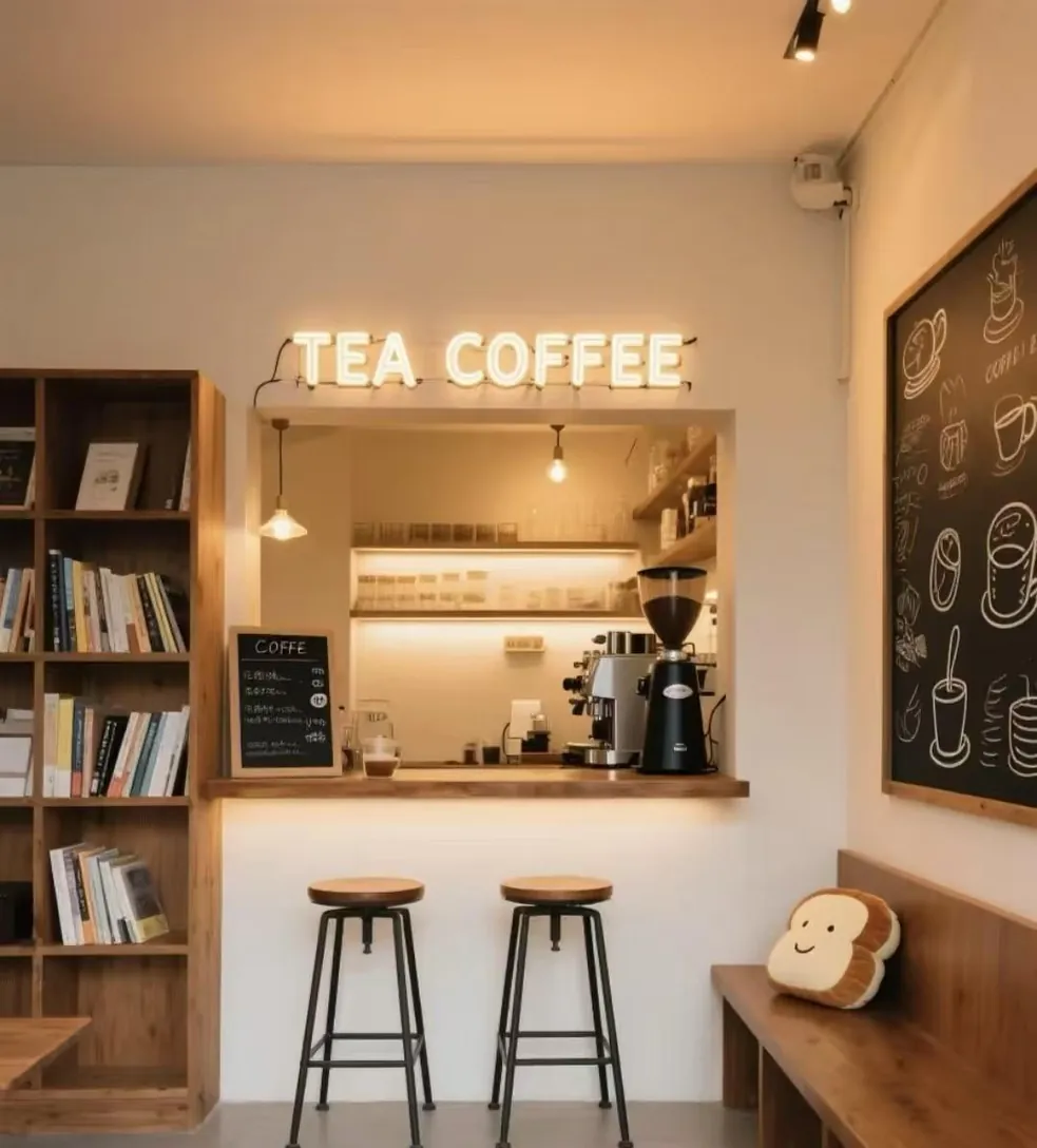 落ち着いたカフェのカウンターにある暖色のネオンサイン。左は TEA COFFEE、右は TEA BURGER で、本棚やスツール、黒板は変わっていません (元の写真)