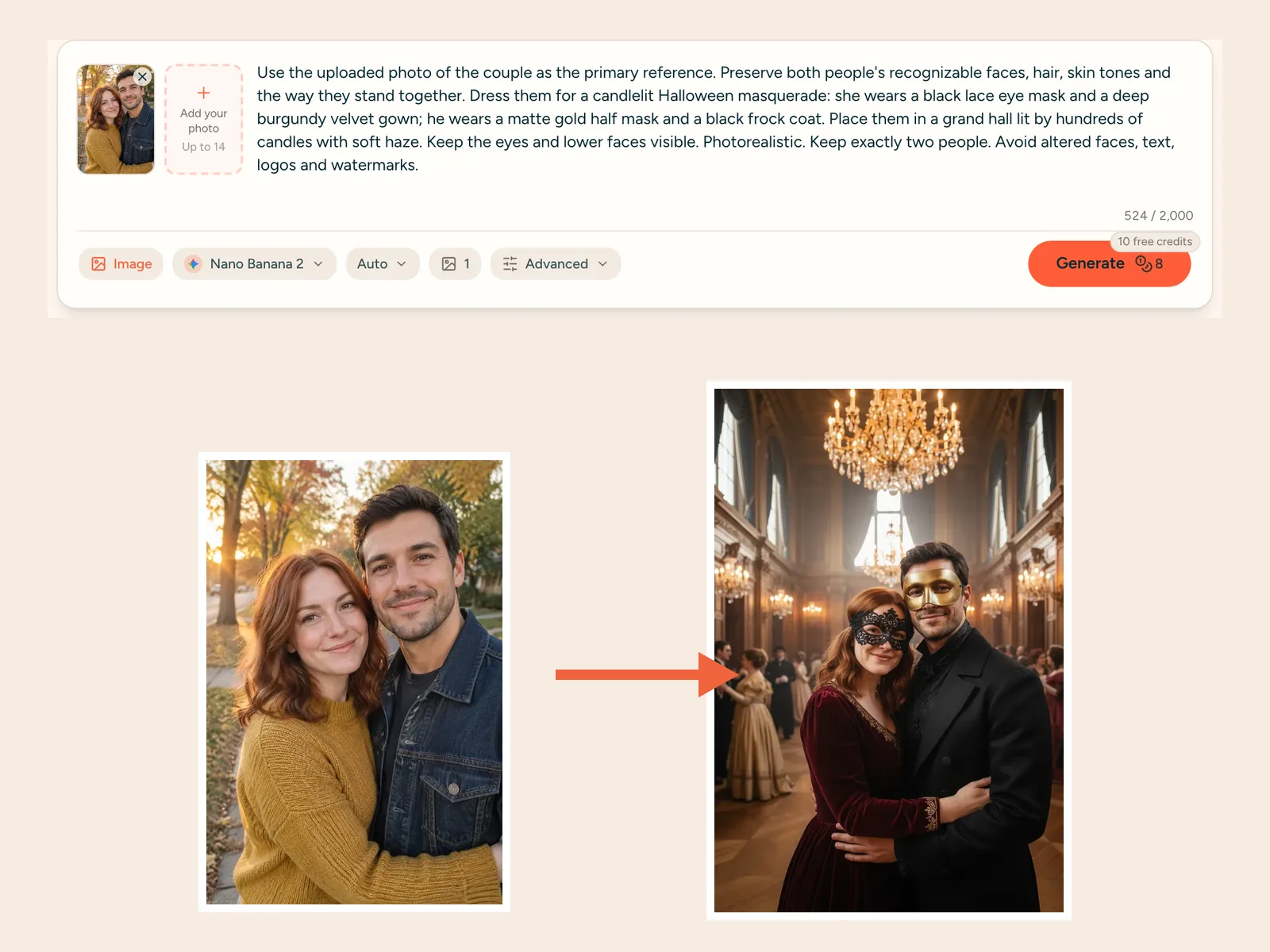 Monipixの生成画面にカップルの写真がアップロードされ、キャンドルの仮面舞踏会のプロンプトが読み込まれている。横には完成した仮面舞踏会の写真