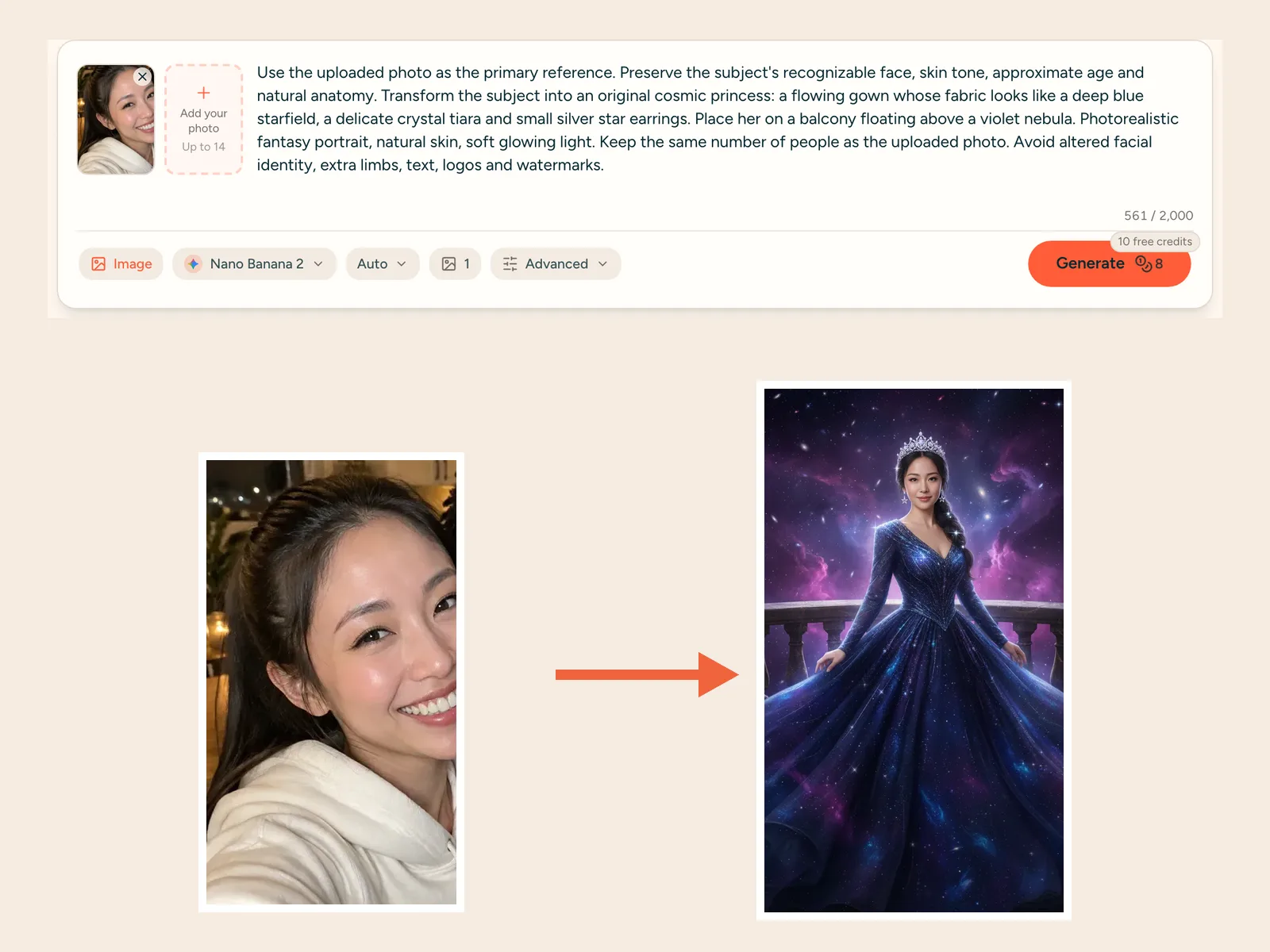Monipix generator with a selfie uploaded and the Lantern Fairy prompt loaded, next to the finished autumn fairy picture