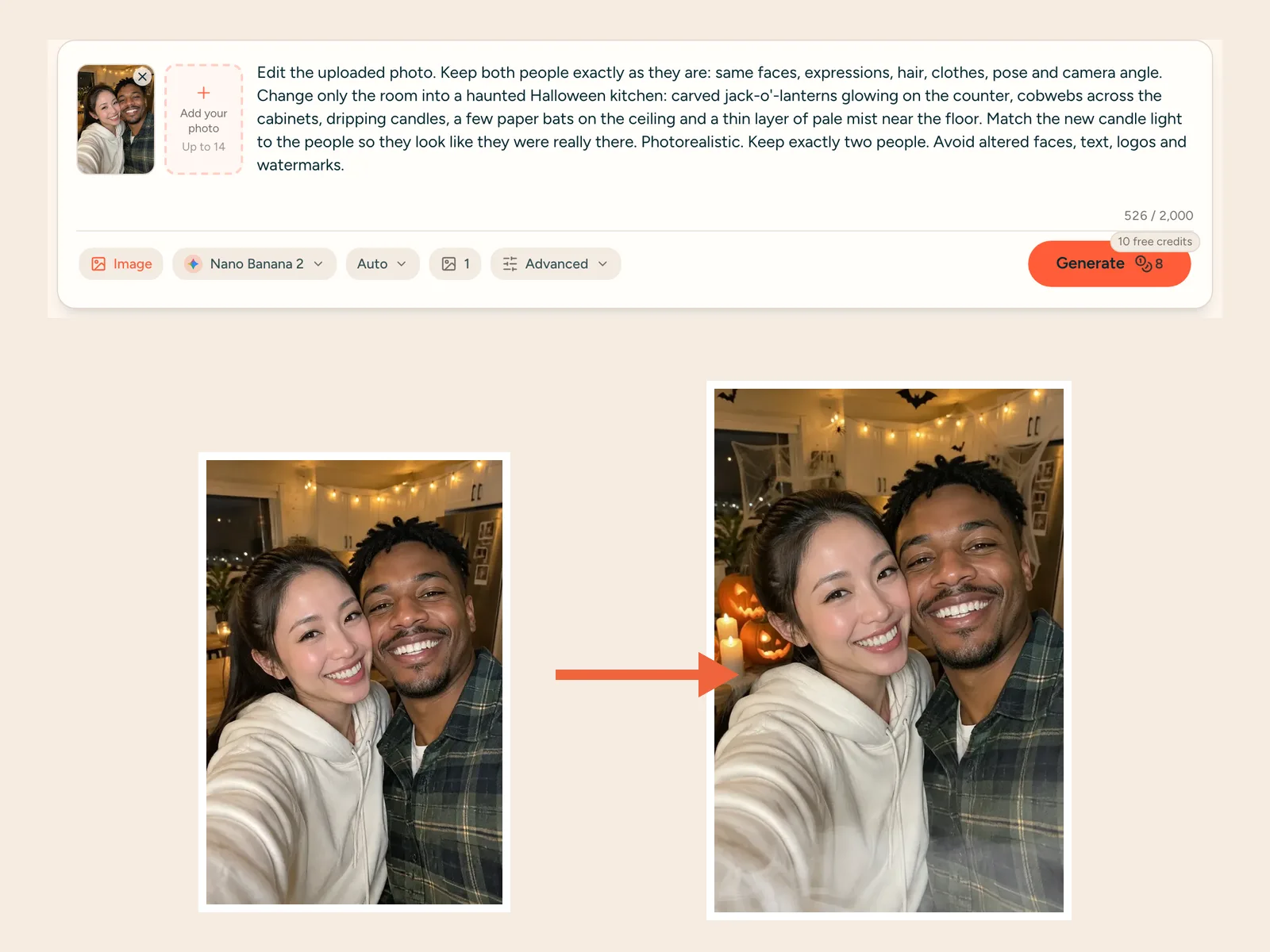Monipix generator with a couple selfie uploaded and the Haunted Kitchen prompt loaded, next to the decorated kitchen result