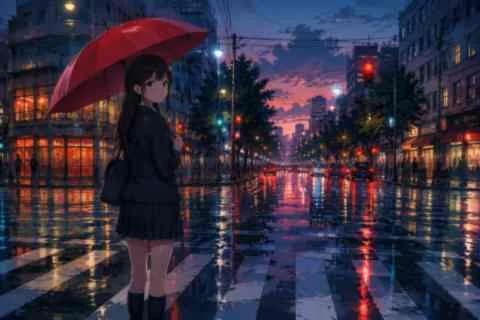 夕暮れの雨のネオン交差点で赤い傘をさす少女のアニメイラスト、左がピクセル化・右がHD線画の比較 (元画像)