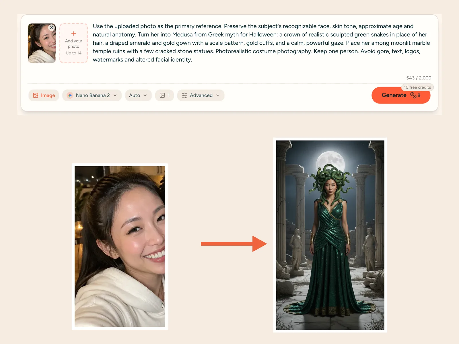 Monipix generator with a selfie uploaded and the Temple Medusa prompt loaded, next to the finished Medusa costume picture