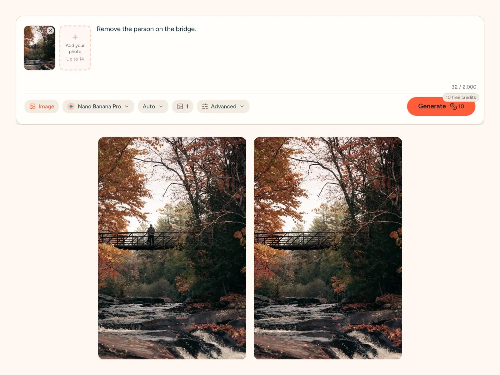 ヴェネツィアの運河の写真と白いスピードボートを消す指示を入れた写真消しゴムの画面と、その下に並ぶ元の写真と消した後の写真