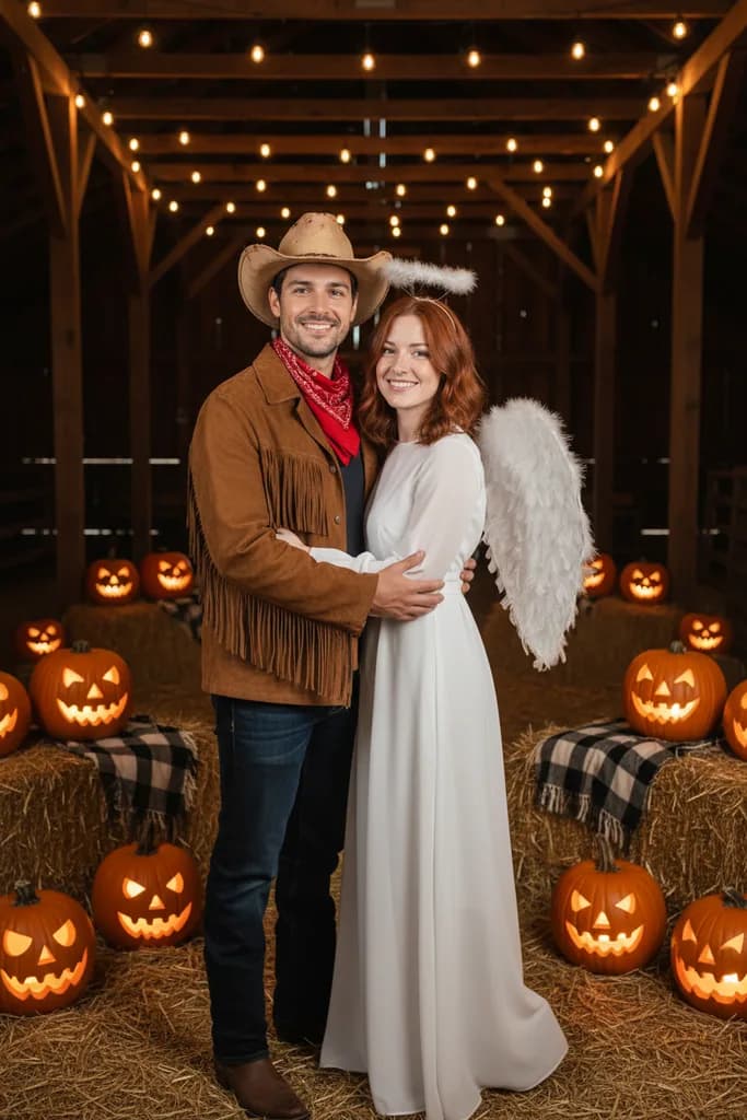 Couple in a cowboy and angel costume, he in a cowboy hat and fringe jacket, she with white feathered wings, at a barn party with pumpkins