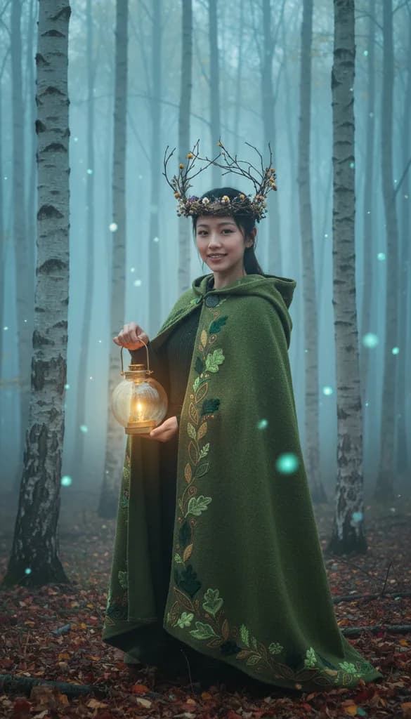 Woman dressed as a forest witch in a green embroidered cloak and twig crown, holding a glowing lantern in a misty birch forest