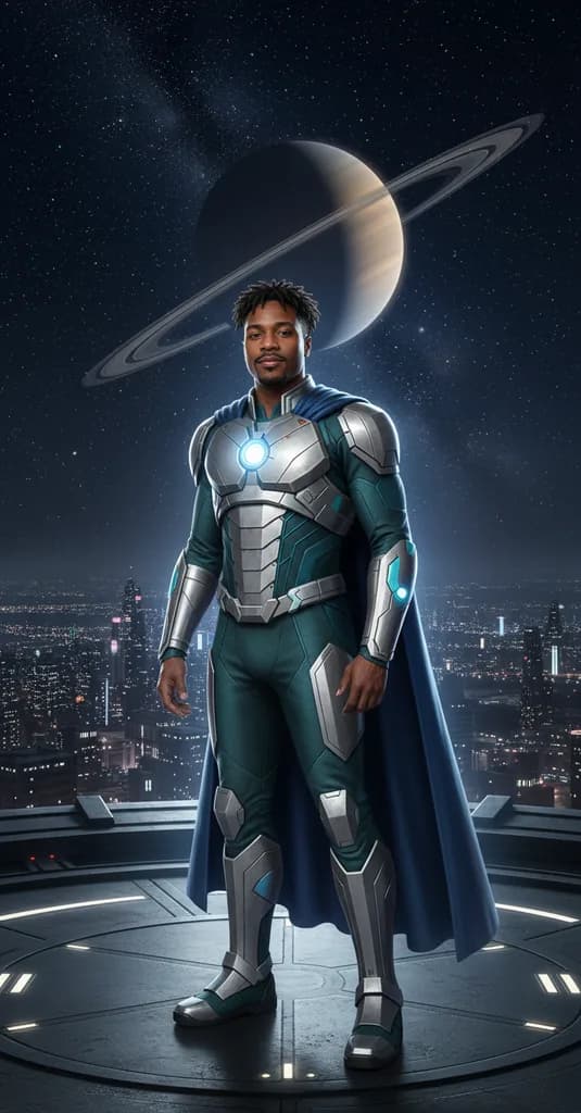 Man in a silver and teal armored space hero suit with a blue cape on a night rooftop under a ringed planet