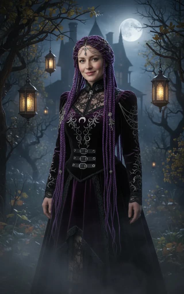 Woman with long violet braids and a black velvet gothic outfit standing in a foggy moonlit garden with lanterns
