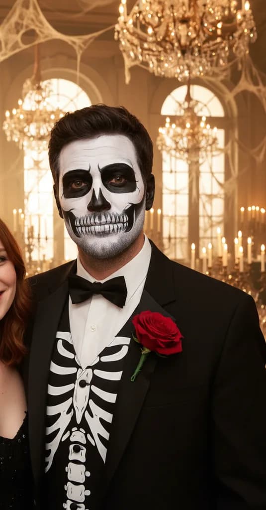 Man with skeleton face paint wearing a rib-print tuxedo and a red rose in a candlelit ballroom