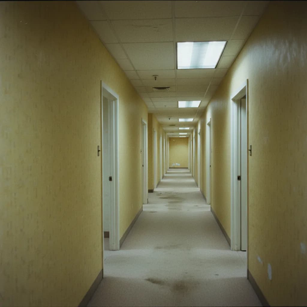 Empty yellow office corridor with stained beige carpet and fluorescent ceiling panels