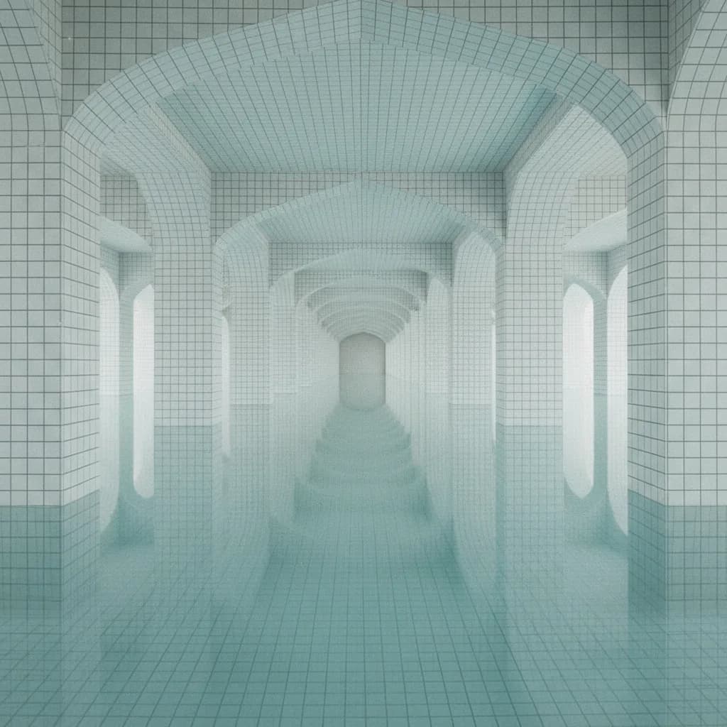 Endless white-tiled hall with arches and still turquoise water