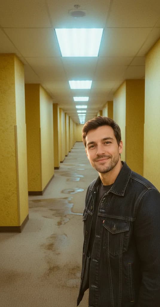 Man in a denim jacket standing in a long yellow corridor with stained carpet