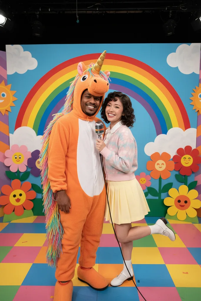 Couple on a rainbow TV set, the man in an orange unicorn mascot suit and the woman as a retro kids' show host with a pastel cardigan and microphone