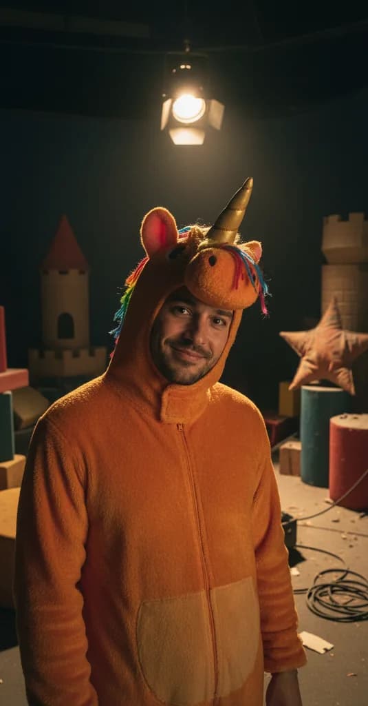 Man with stubble in an orange plush unicorn hood and golden horn standing under one spotlight in a dark, empty kids' TV studio
