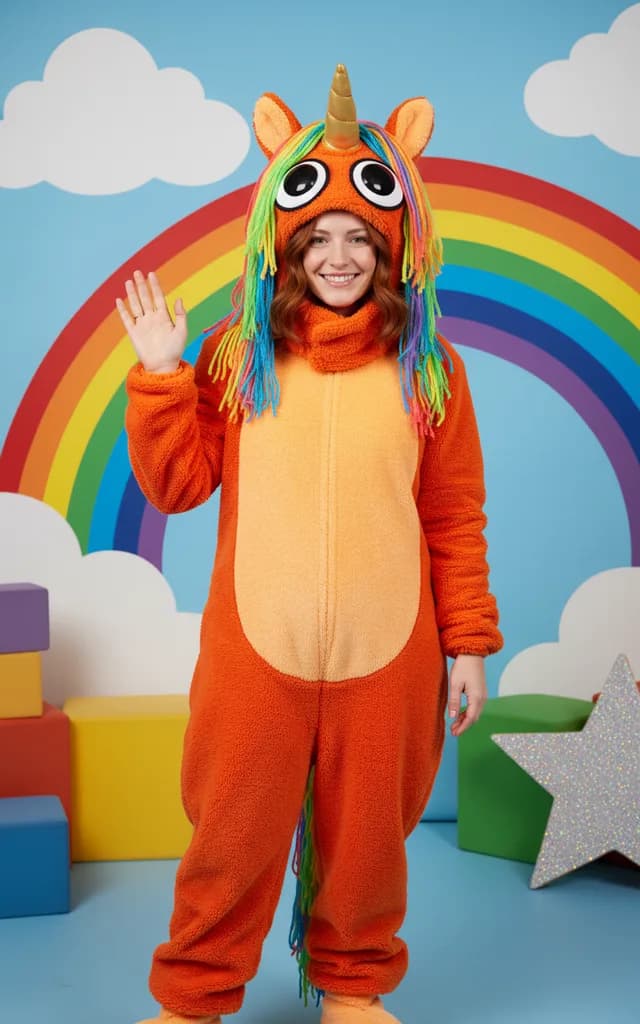 Smiling woman with red hair waving in an orange plush unicorn mascot suit with a rainbow yarn mane and golden horn in front of a painted rainbow