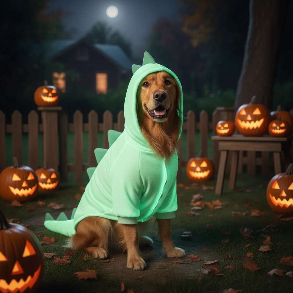 Golden retriever in a pale green dinosaur hoodie with spikes, sitting in a night backyard surrounded by glowing jack-o'-lanterns
