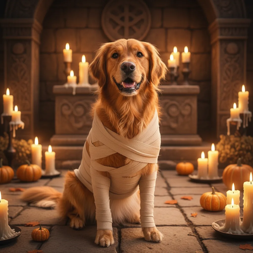 Golden retriever wrapped in loose cream mummy bandages with its face uncovered, sitting in a candlelit crypt with small pumpkins