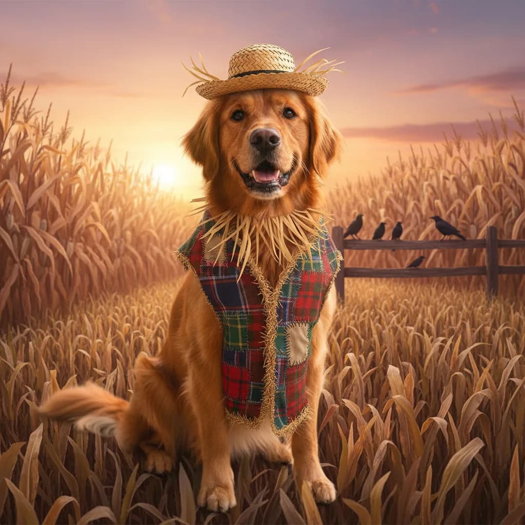 Golden retriever dressed as a scarecrow with a straw hat and patched plaid vest in a cornfield at sunset, crows on a fence behind