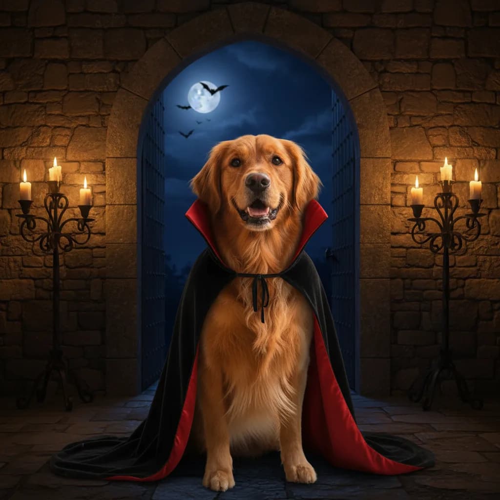 Golden retriever wearing a black vampire cape with a red lining, sitting in a candlelit stone castle doorway under a full moon with bats