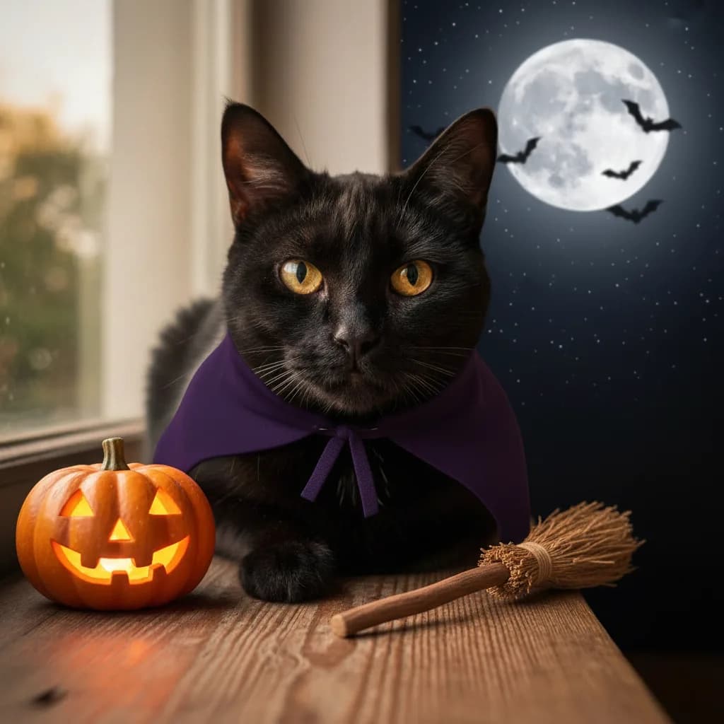 Black cat with amber eyes wearing a small purple witch cape on a windowsill next to a jack-o'-lantern and a tiny broom, full moon and bats outside