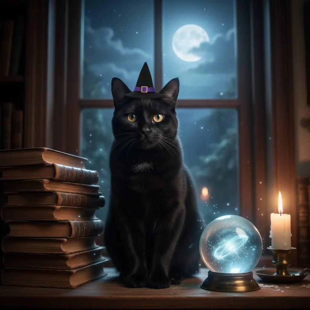 琥珀色の目の黒猫が小さな魔女帽子をかぶり、古い本や光る水晶玉、ろうそくの横で月明かりの窓辺に座っている