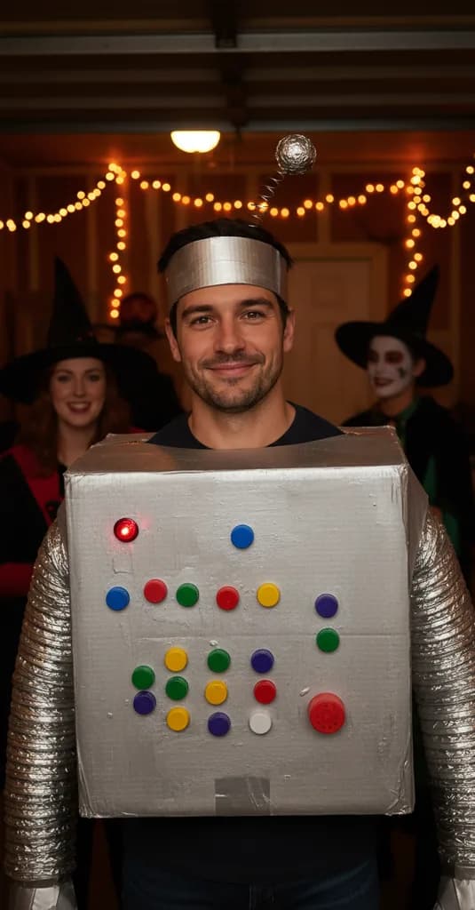Man in a homemade silver cardboard robot costume with bottle-cap buttons and vent-tube arms at a garage Halloween party