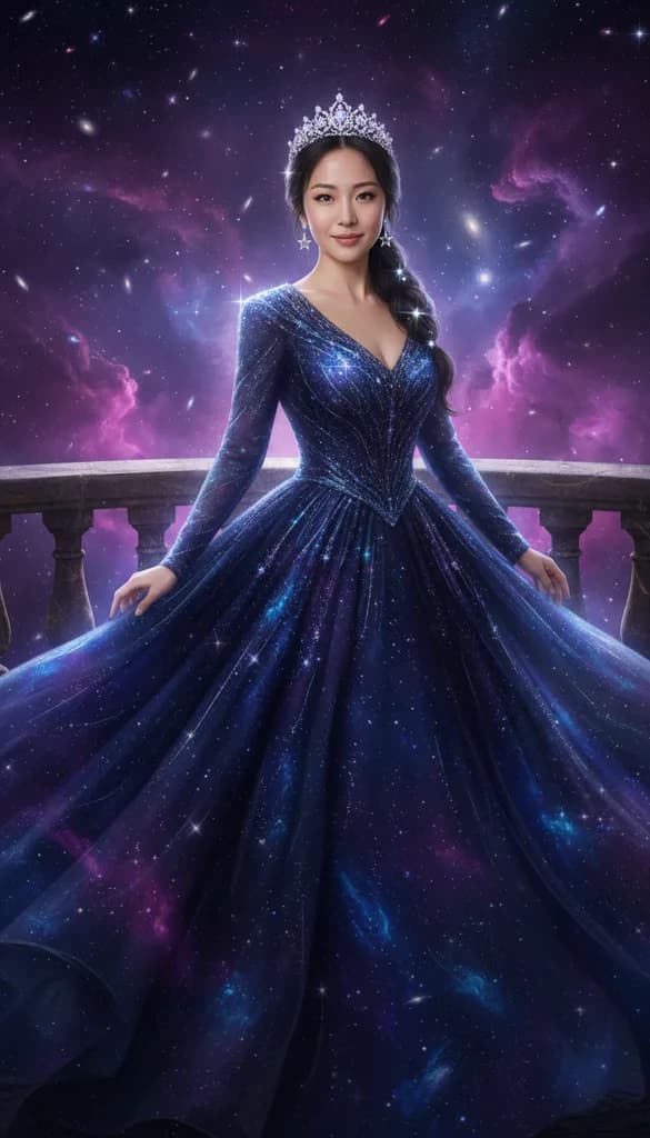 Woman in a starfield gown and crystal tiara standing on a stone balcony above a violet nebula