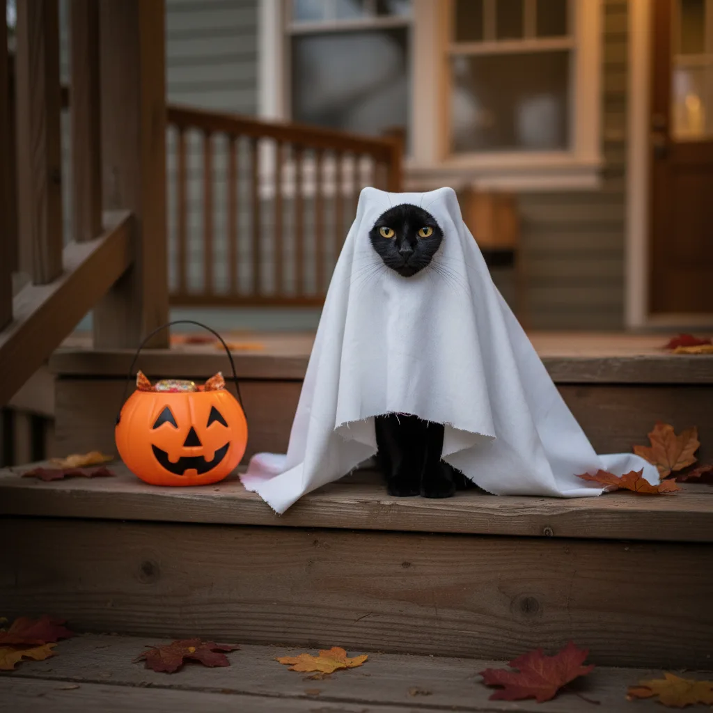 Black cat with amber eyes under a white ghost sheet on a porch step next to a jack-o-lantern candy bucket