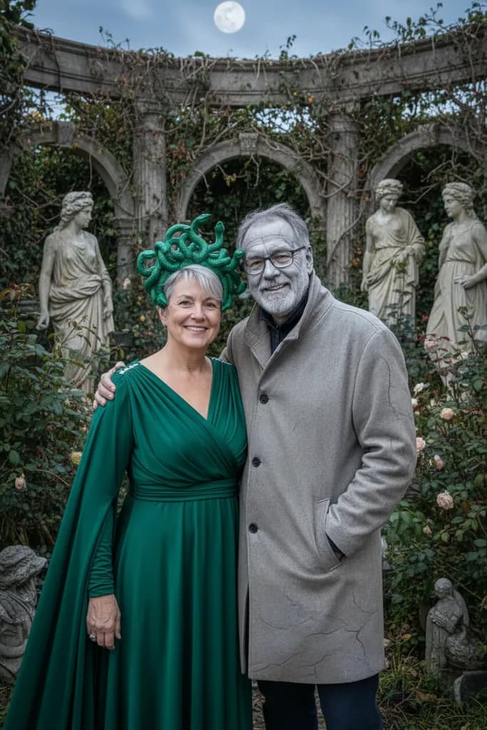 Older couple in a moonlit statue garden, she in a green snake crown and emerald gown, he in a grey coat with a grey tint to his skin