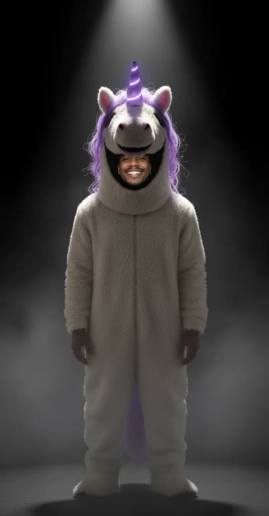 Man in a full-length white plush unicorn mascot suit with a glowing violet horn and lilac mane on a foggy dark stage