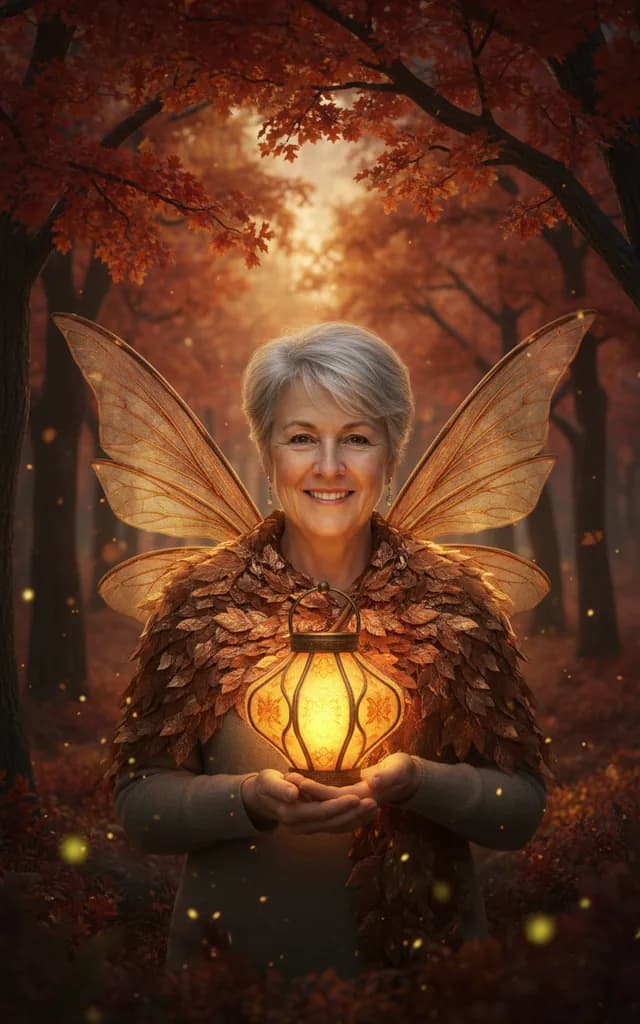 Older woman with short silver hair as an autumn fairy with amber leaf wings, holding a glowing lantern in a red forest