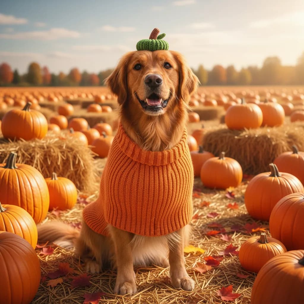 Golden retriever in a knitted orange sweater and a green stem hat sitting in a sunny pumpkin patch with straw bales