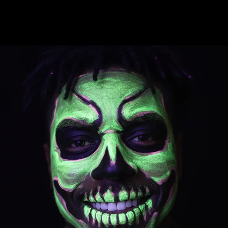 留短脏辫的男士画着发光的荧光绿和紫色骷髅脸妆,在纯黑背景前微笑