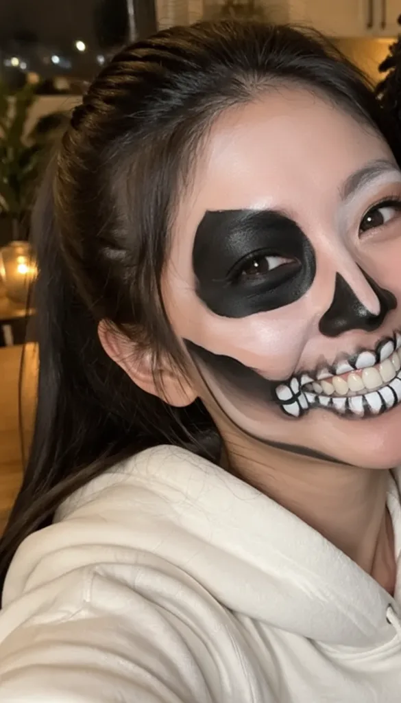 Close selfie of a smiling woman in a cream hoodie wearing black and white skeleton face paint with painted teeth