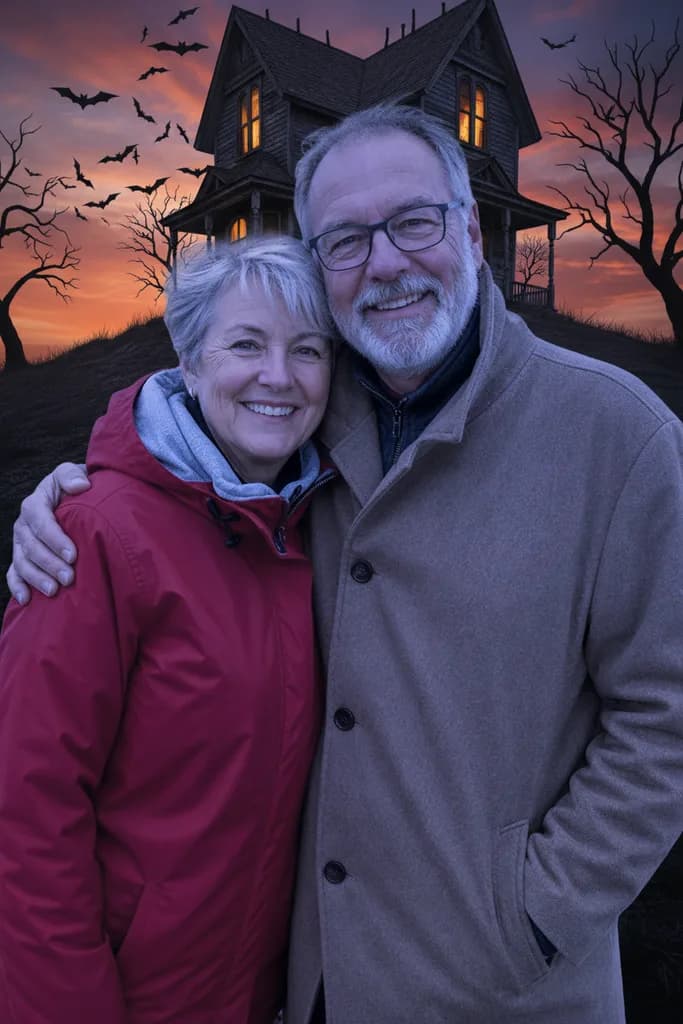 Older couple in a red jacket and a camel coat hugging in front of a crooked haunted house on a hill at dusk with bats