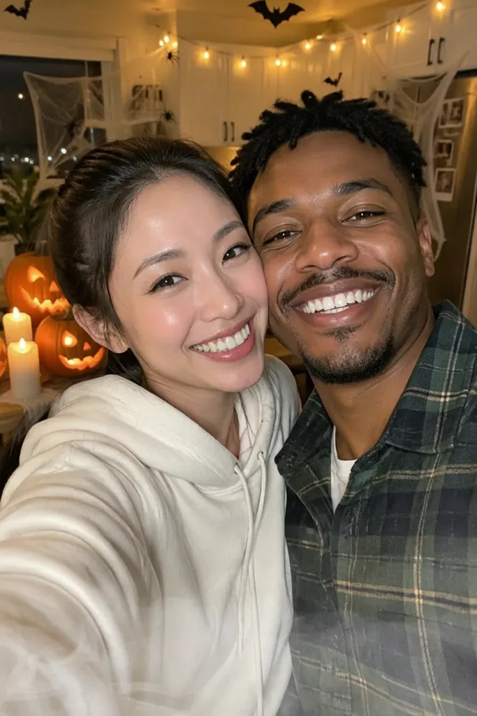 Smiling couple taking a selfie in a kitchen decorated with glowing carved pumpkins, candles, cobwebs and paper bats