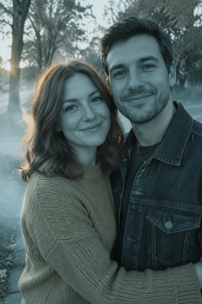 Couple hugging on a tree-lined street in cold teal horror film colors with fog drifting along the sidewalk