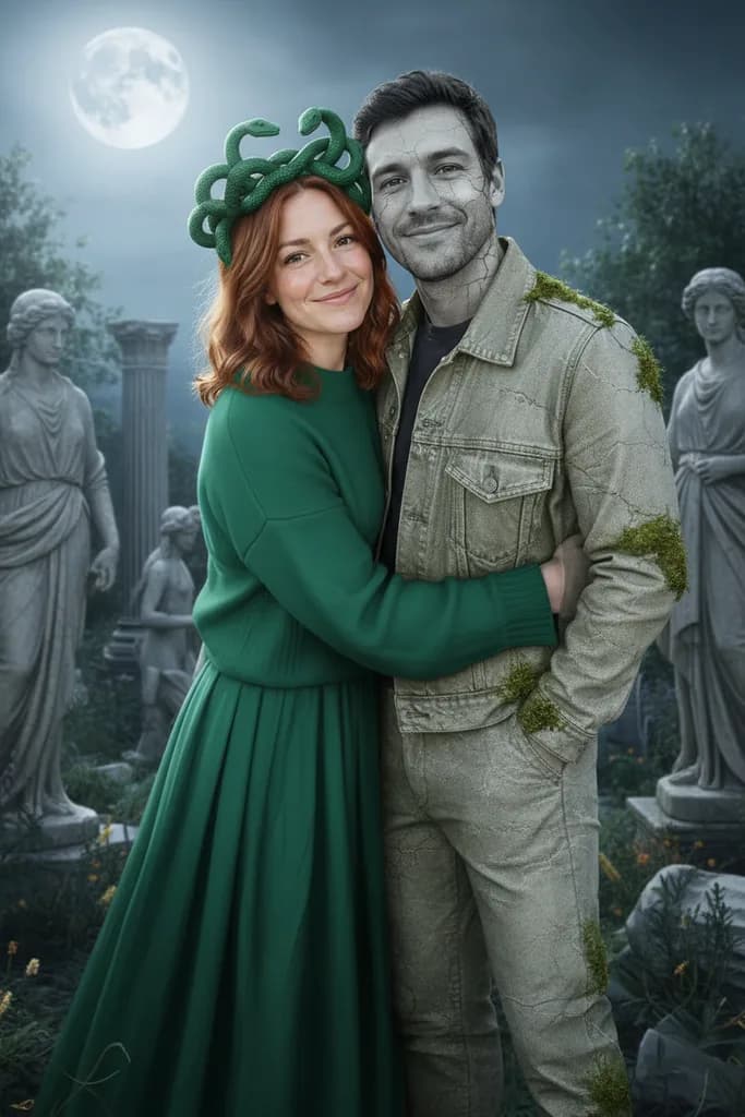 Couple in a Medusa costume pairing: a red-haired woman with a green snake headband and green dress hugging a man with cracked grey skin and mossy clothes in a moonlit statue garden