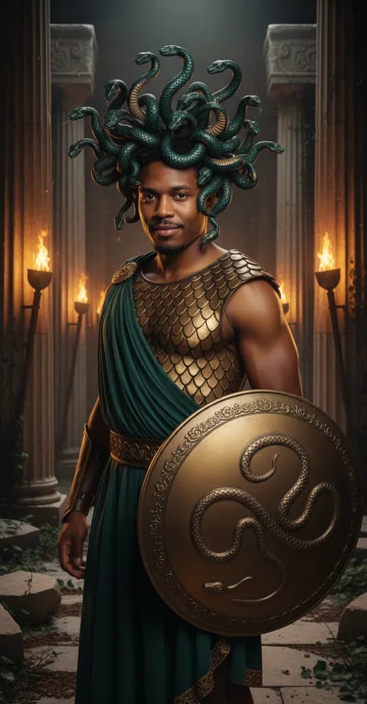 Man in a male Medusa costume with green and bronze snakes rising from his hair, a gold scale breastplate and a bronze shield in a torch-lit temple
