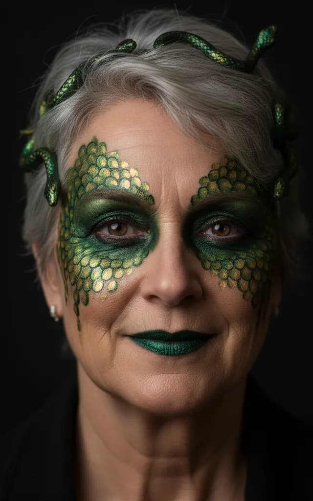 Close portrait of a silver-haired woman in Medusa costume makeup with green and gold scales around her eyes, emerald lips and small snakes in her hair