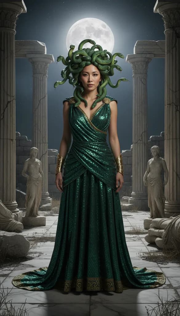 Woman in a Medusa costume with a crown of green snakes and a draped emerald gown among moonlit marble temple ruins