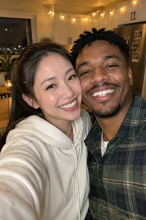 Original photo: couple taking a smiling selfie in a kitchen with string lights
