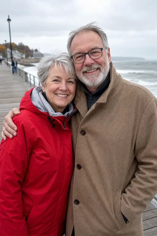 Original photo: older couple hugging on a seaside boardwalk on a grey day