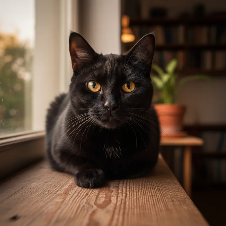 元の写真:木の窓辺に伏せている琥珀色の目の黒猫
