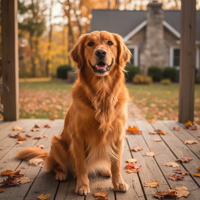 Original photo: golden retriever sitting on a wooden porch with autumn leaves