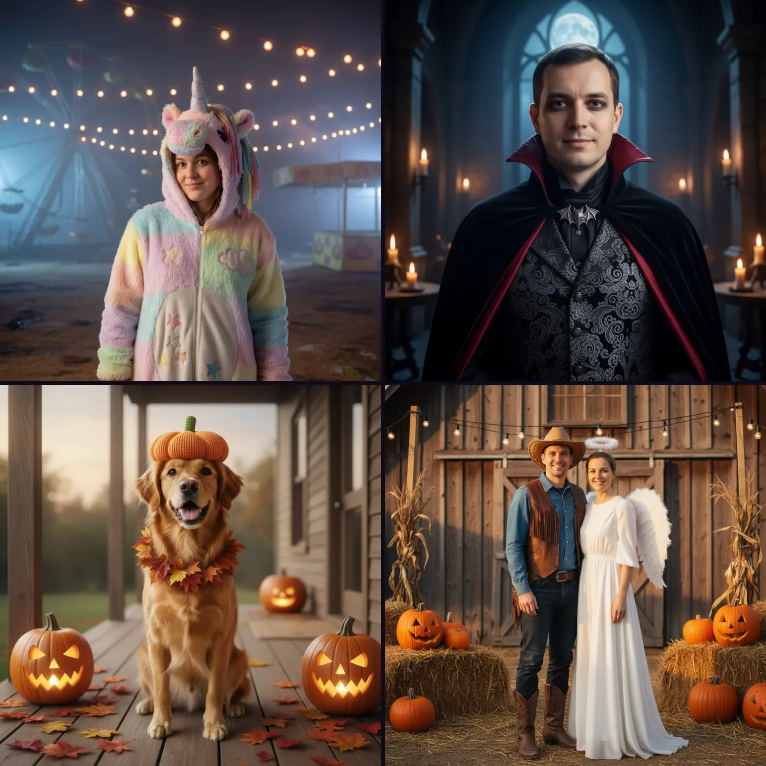 AI ハロウィン仮装の4つのルック：ホーンテッド・ユニコーンのマスコット、ベルベットのヴァンパイア、かぼちゃのペット、カウボーイと天使のカップル