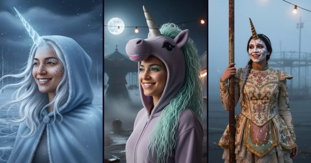 オリジナルのホーンテッド・ユニコーンの人物写真3枚：氷の亡霊、月夜のぬいぐるみマスコット、陶器のメリーゴーラウンド